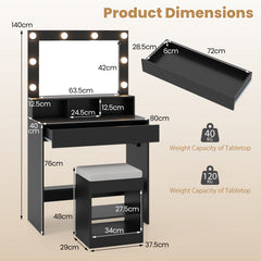 Makeup Vanity Desk Set with Mirror and Lights and Stool 3-Color LED-Black