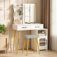 Makeup Dressing Table with Reversible Cabinet and 3 Light Colors-White