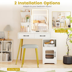 Makeup Dressing Table with Reversible Cabinet and 3 Light Colors-White