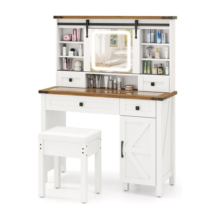 Makeup Vanity Desk and Stool Set with Sliding Mirror and Cabinet-White