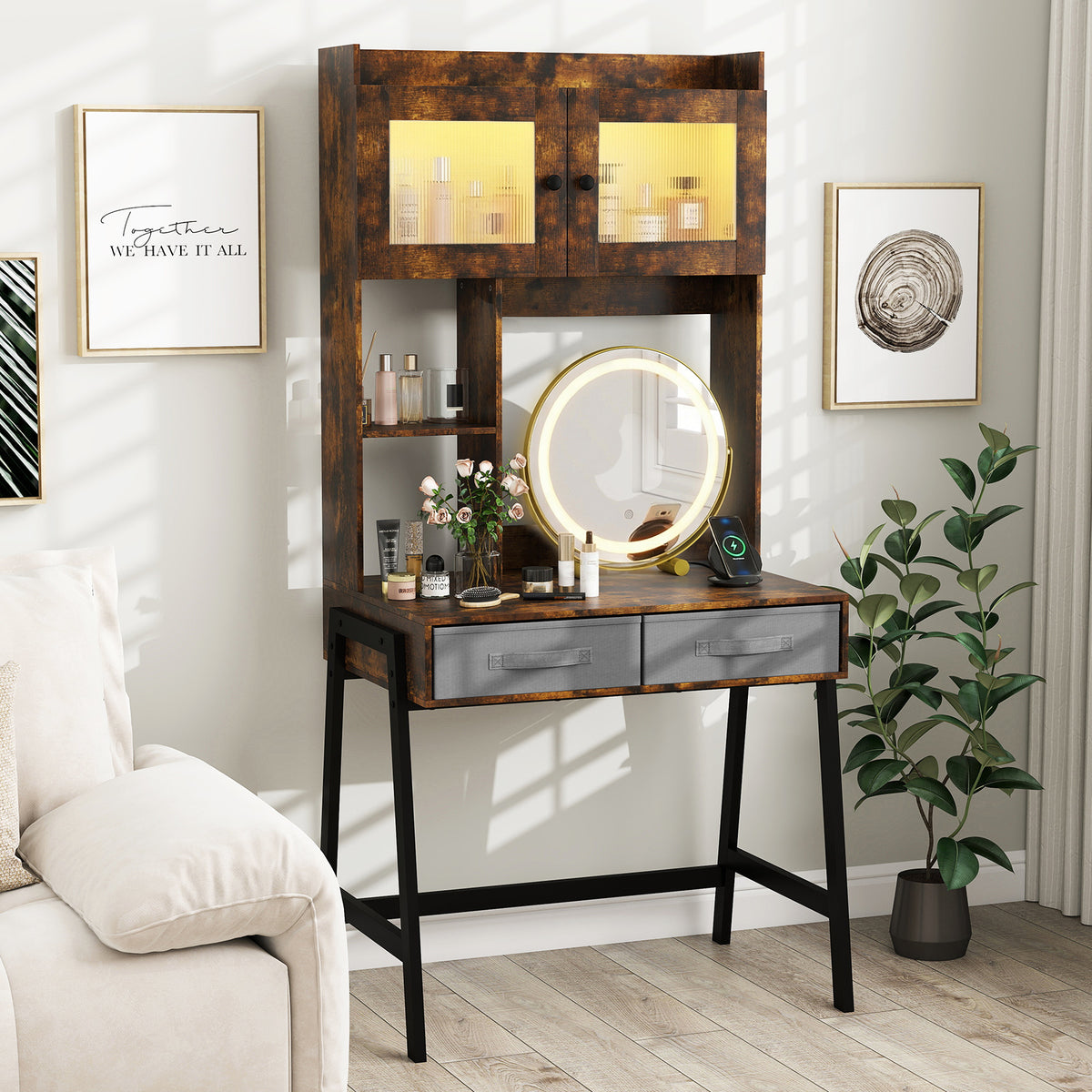 Makeup Vanity Desk with Rotating Mirror and Adjustable Light-Rustic Brown