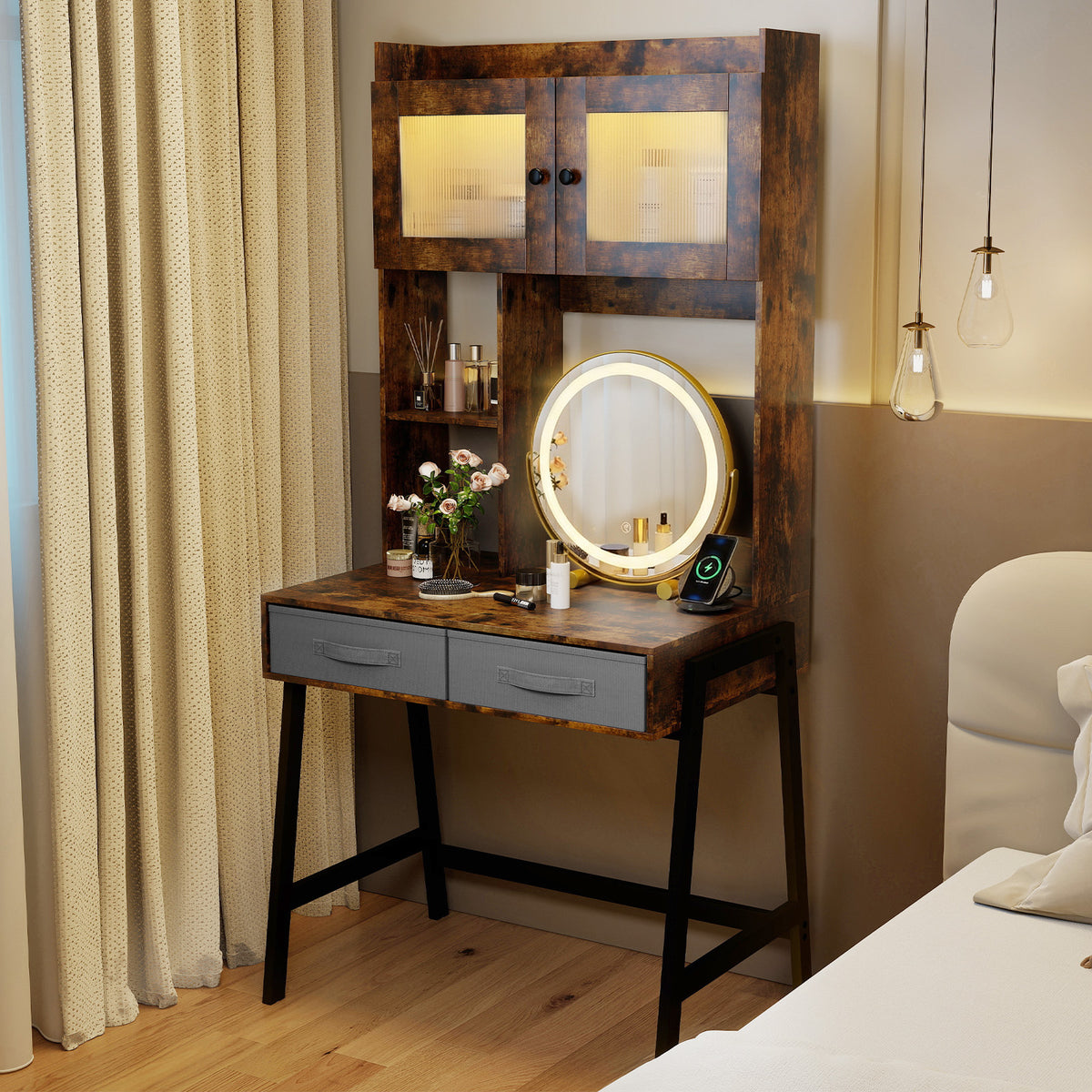 Makeup Vanity Desk with Rotating Mirror and Adjustable Light-Rustic Brown