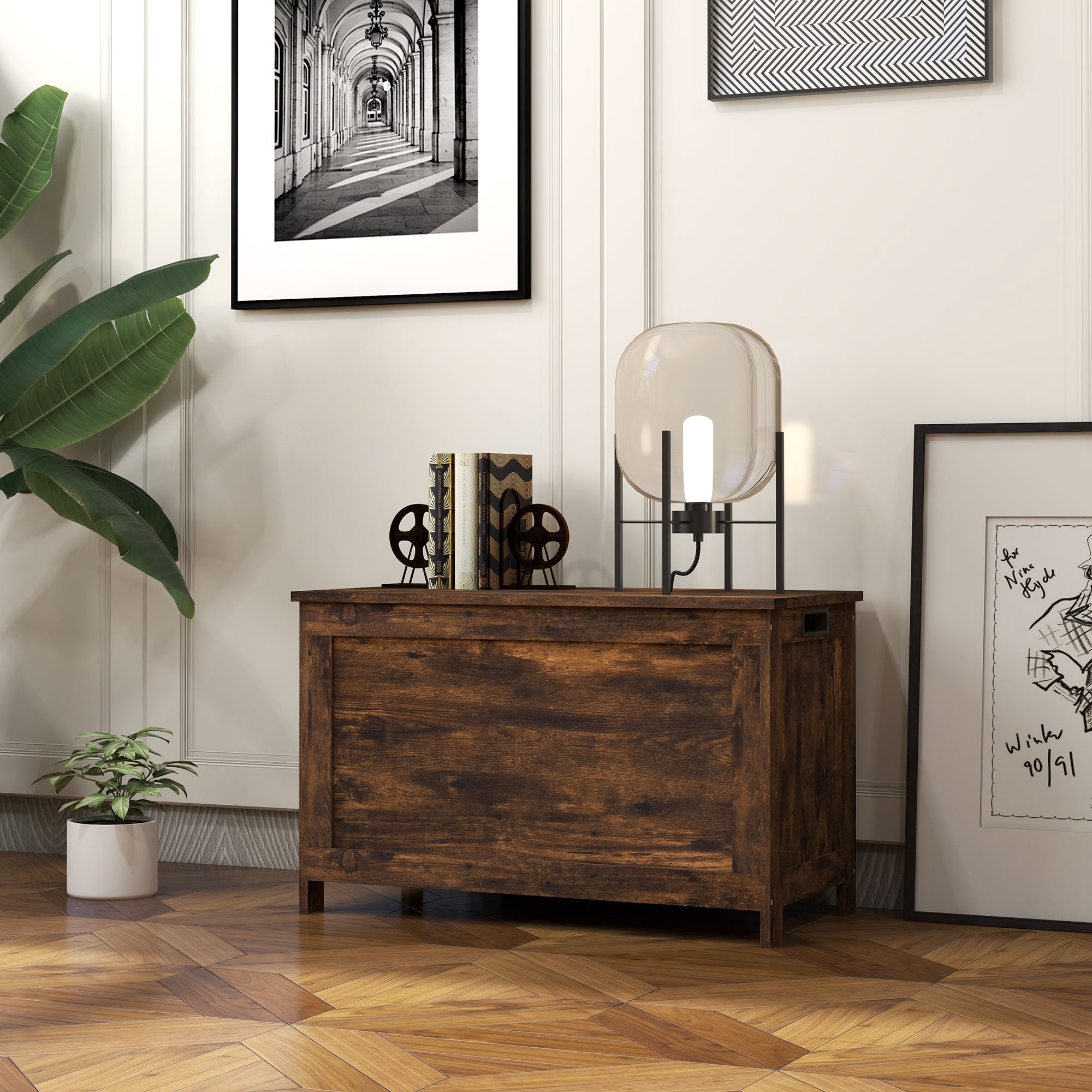 HOMCOM Storage Chest, Modern Storage Trunk with 2 Safety Hinges and Cut-out Handles, Wooden Toy Box for Living Room, Entryway, 76 x 40 x 48 cm, Rustic Brown