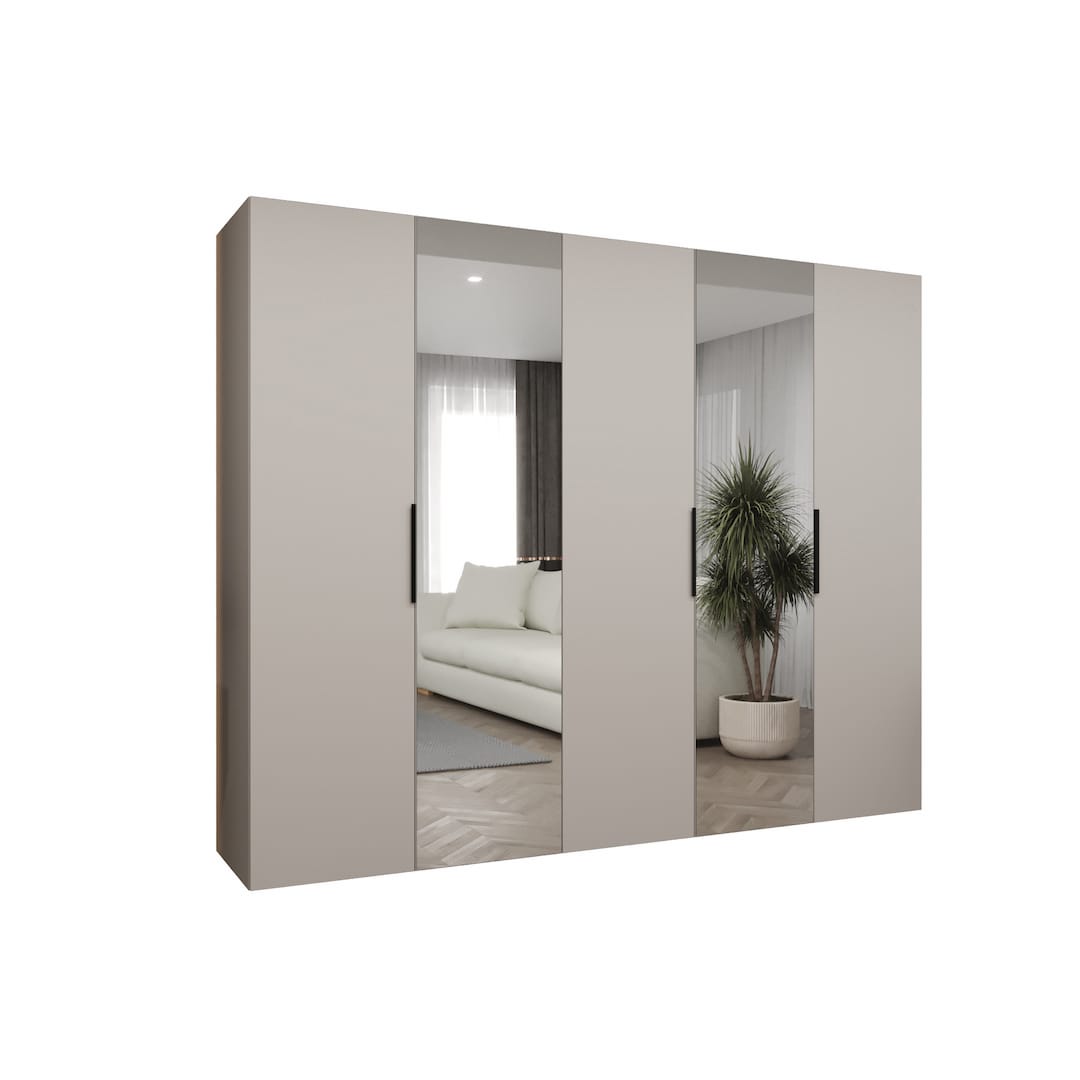 A three-quarter view of the Marbella II Hinged Door Wardrobe 250cm with mirrored doors