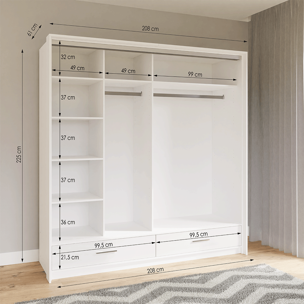 White Gloss Mirrored Sliding Door Wardrobe 208cm –  EPSOM