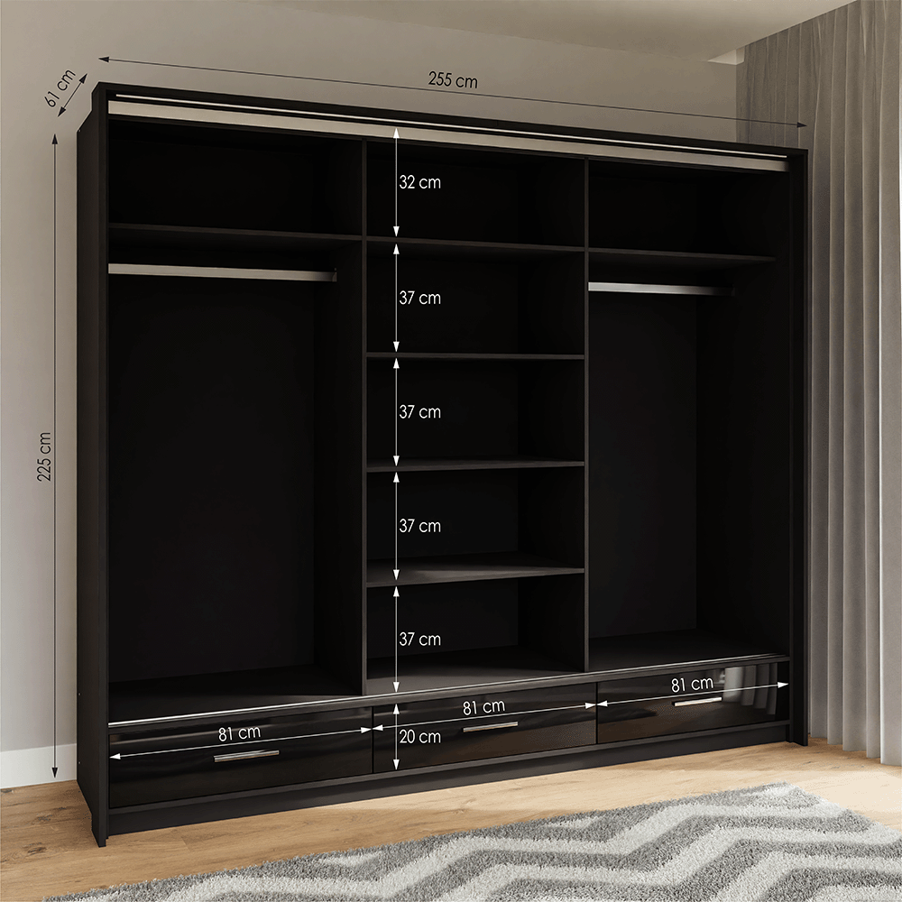 Black Gloss Mirrored Sliding Door Wardrobe 255cm –  EPSOM