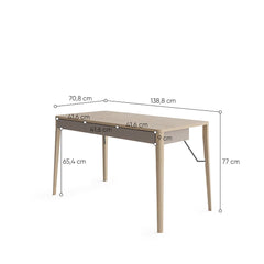 The writing desk shown with technical lines and labels indicating its overall dimensions