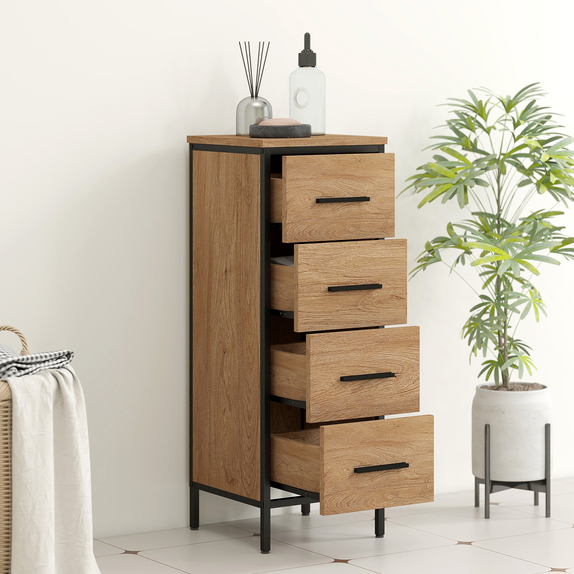 HOMCOM Narrow Bathroom Storage Cabinet with 4 Drawers - Oak