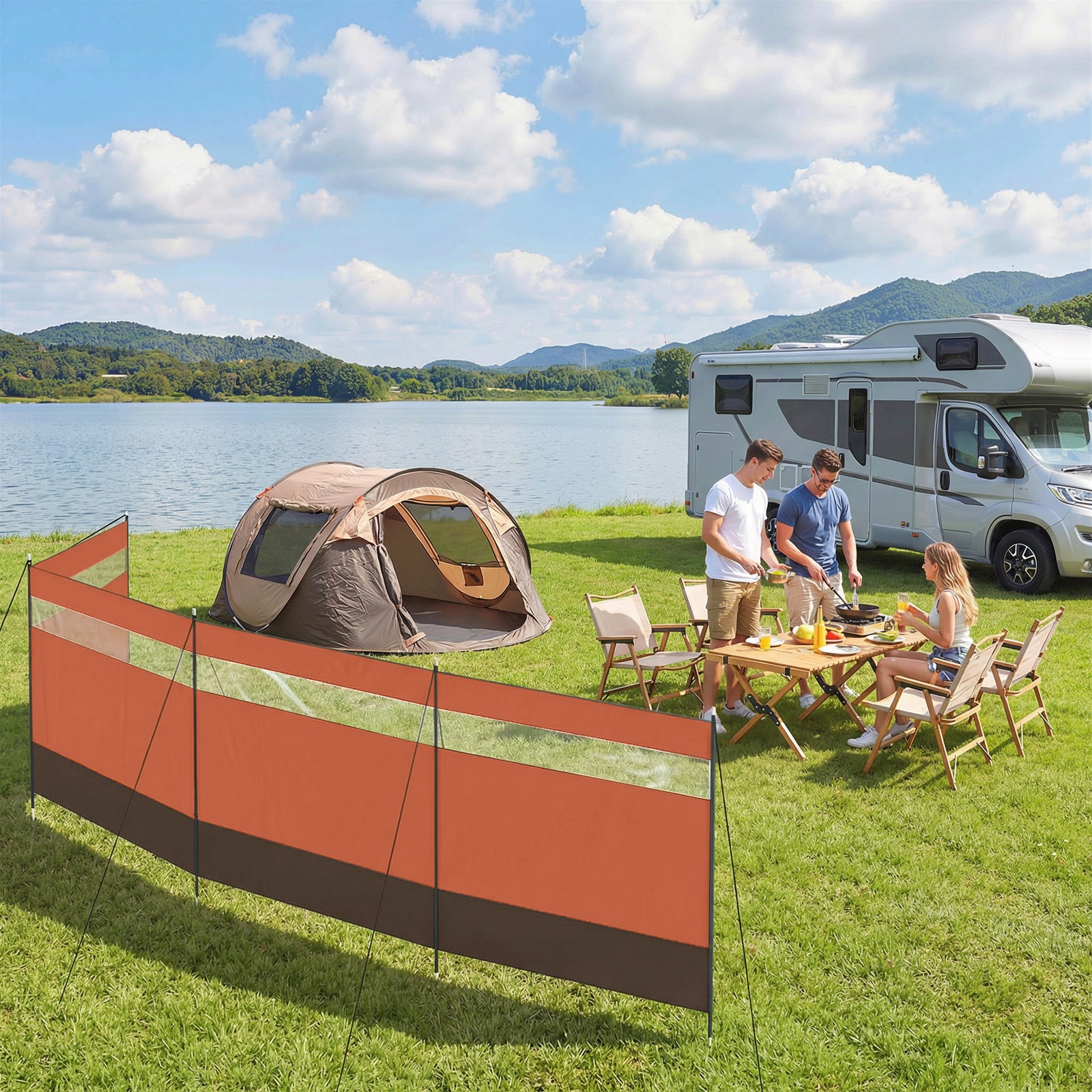 Outsunny Camping Windbreaker with Clear Windows, Carry Bag and Steel Poles, for Beach Caravan Campervan, 725 x 140cm, Orange