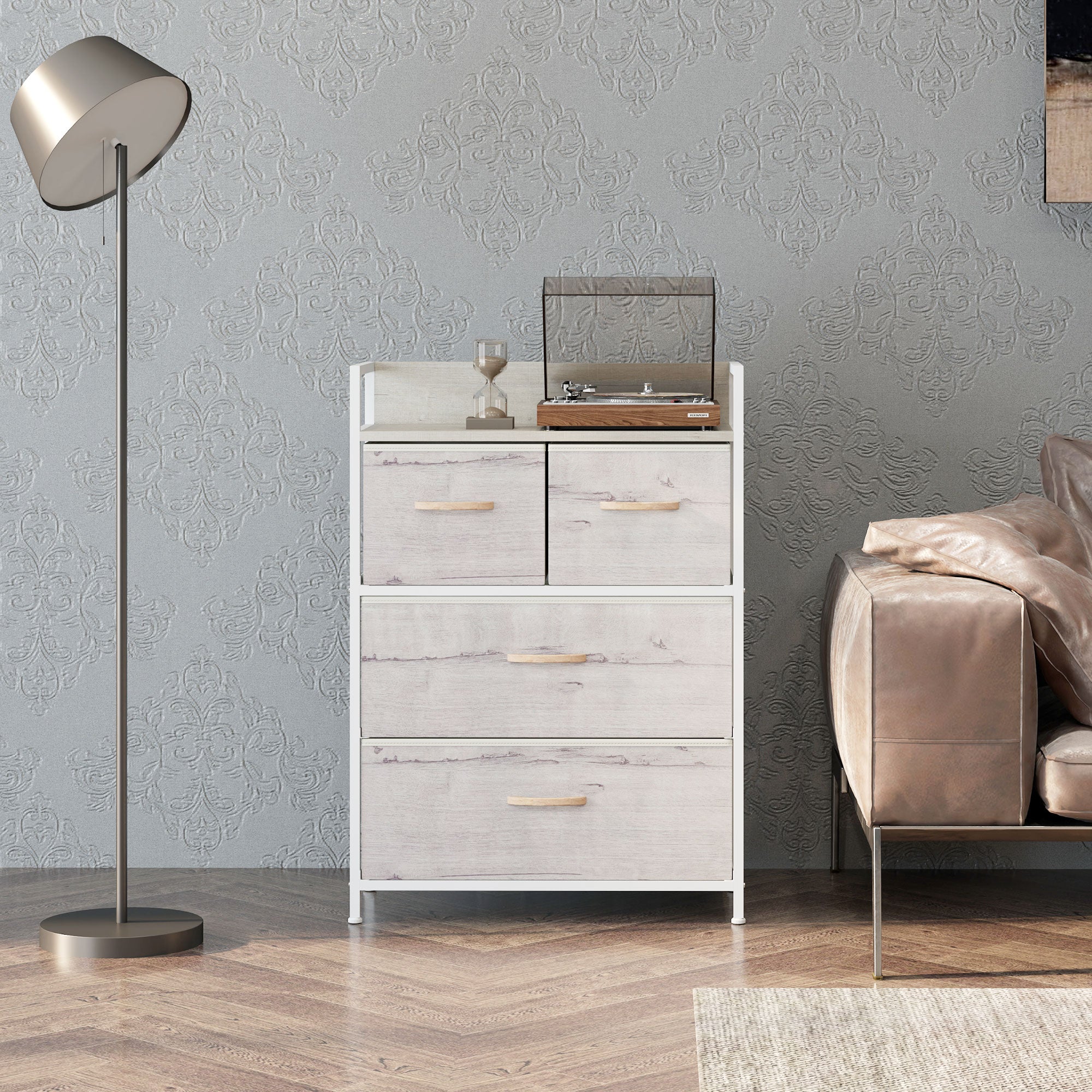 HOMCOM Rustic Chest of Four Fabric Drawers - Black