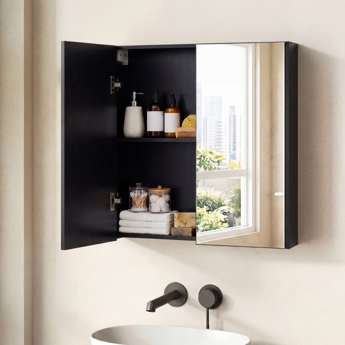 Medicine Cabinet with Mirror Wall Mounted Bathroom Cabinet-Black