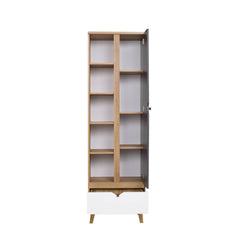 The kids tall cabinet with its door open showing shelves and a drawer