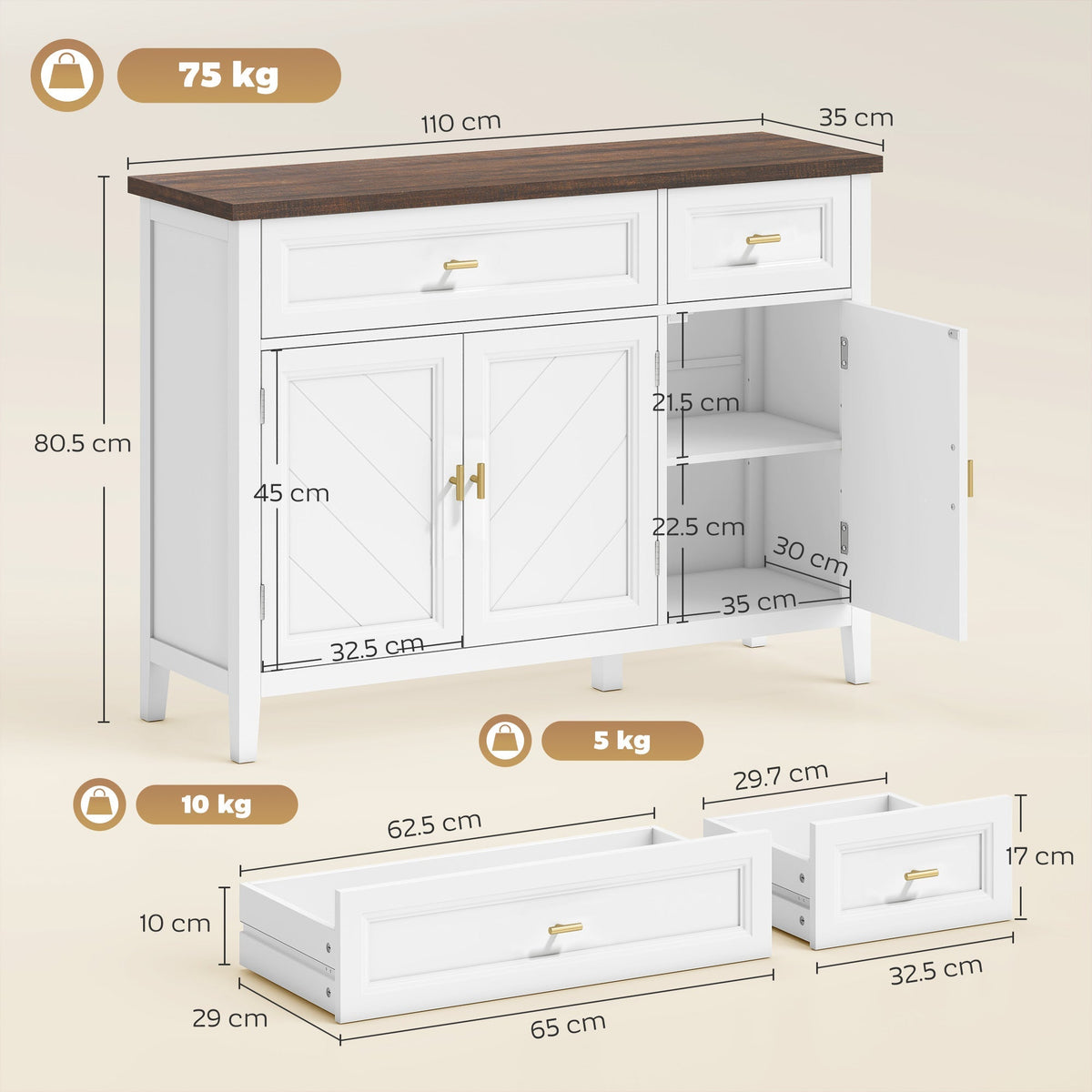 HOMCOM Modern Sideboard with 3 Doors, 2 Drawers and Adjustable Shelves, White