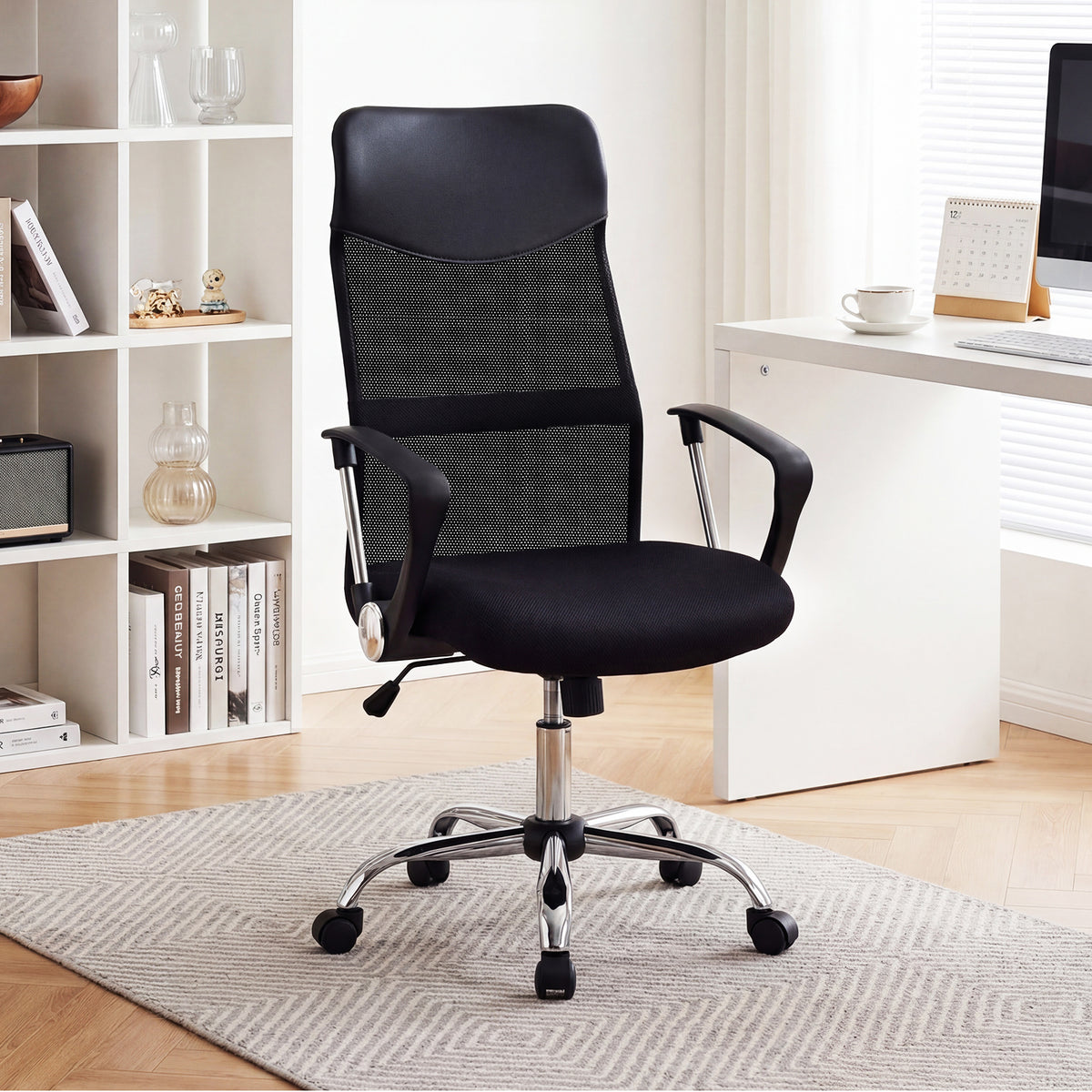 Mesh Office Chair with Reclining Backrest and Armrests and Height Adjustable Swivel-Black