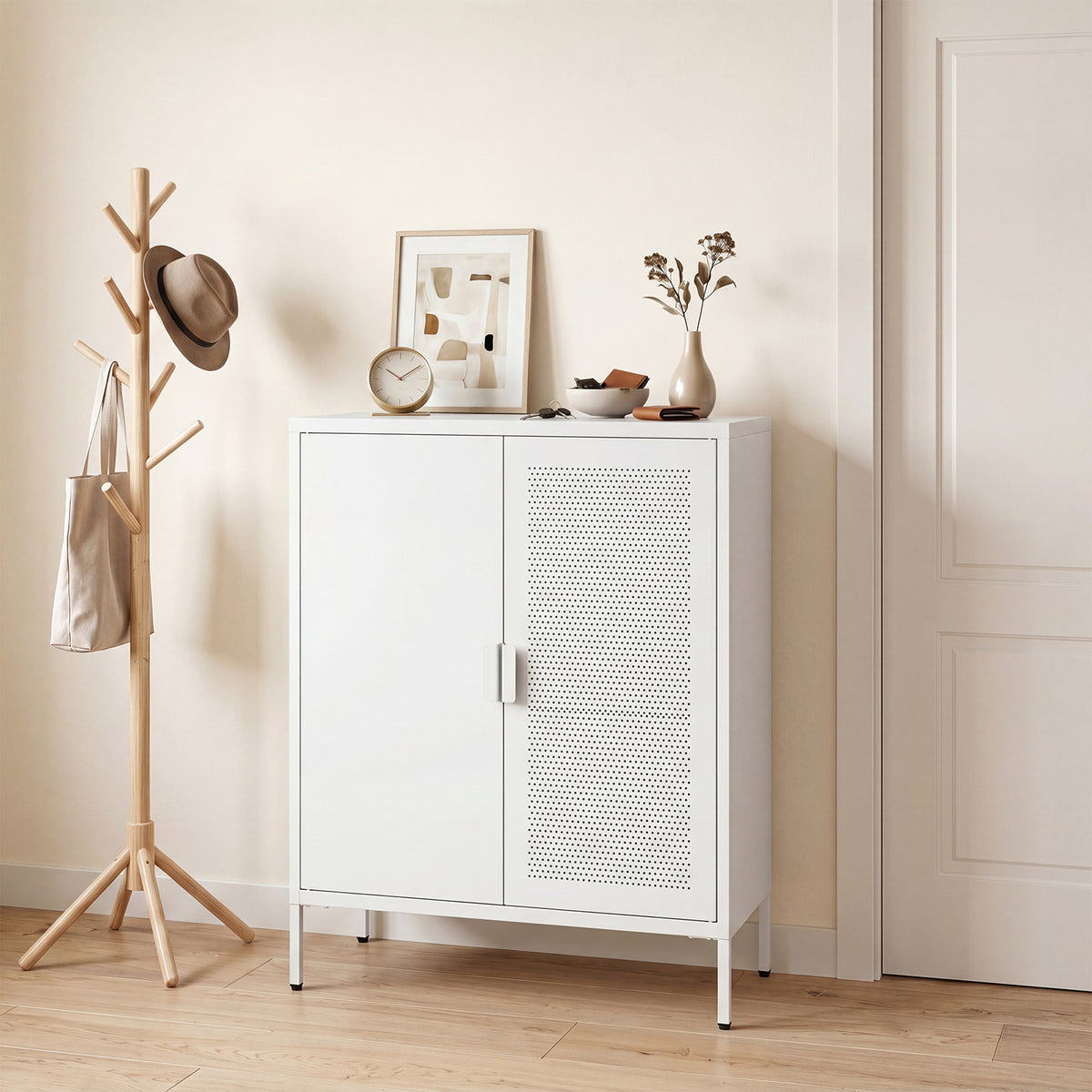 Metal Buffet Sideboard with 2 Doors and Adjustable Shelves-White