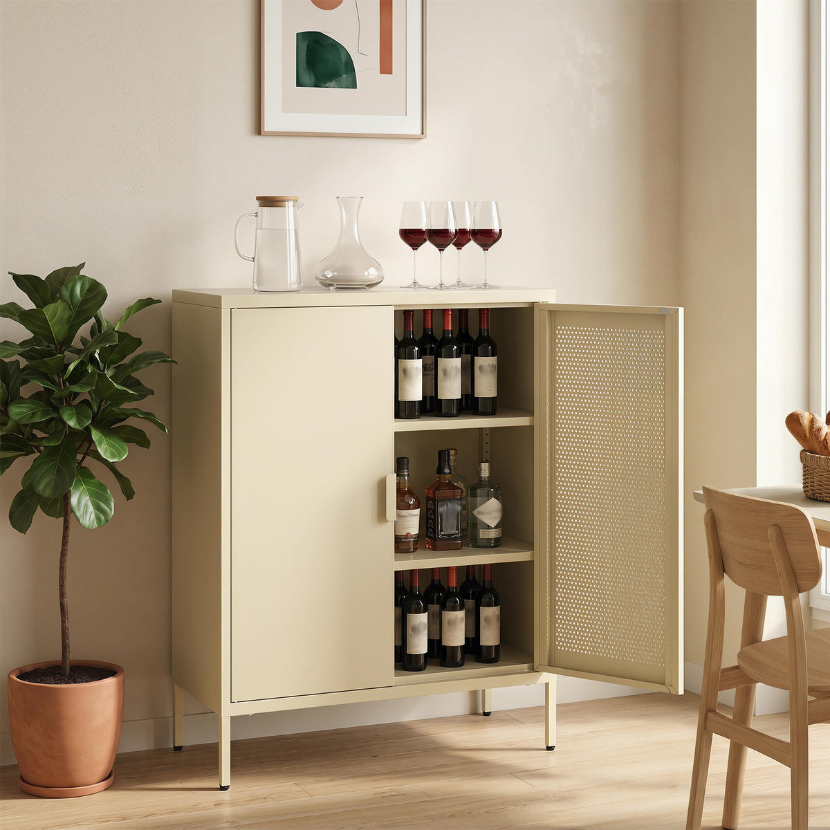 Metal Buffet Sideboard with 2 Doors and Adjustable Shelves-Yellow