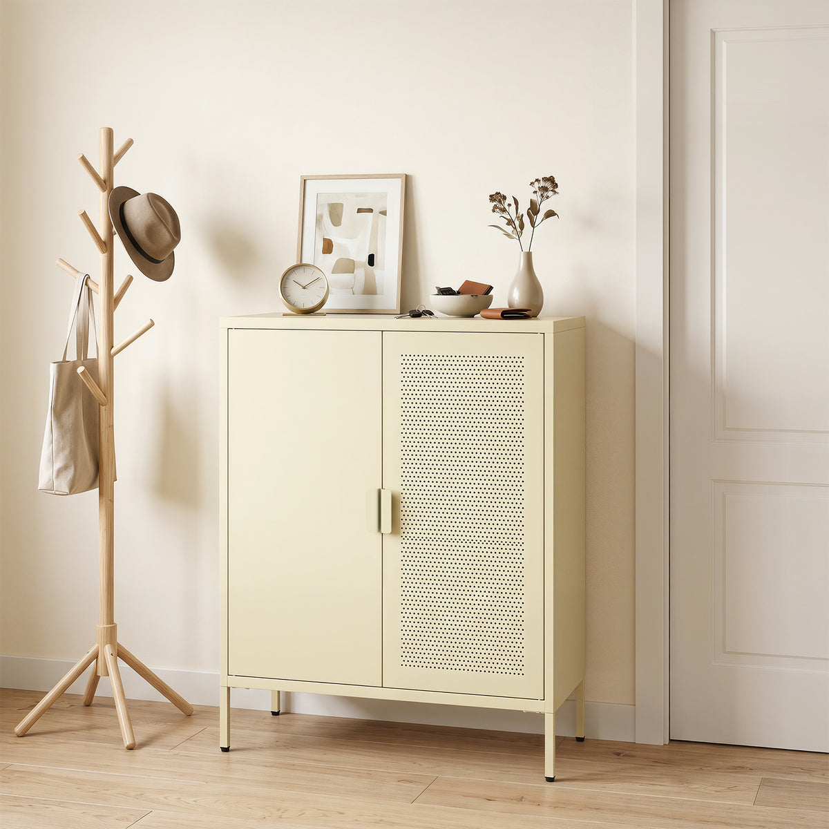 Metal Buffet Sideboard with 2 Doors and Adjustable Shelves-Yellow