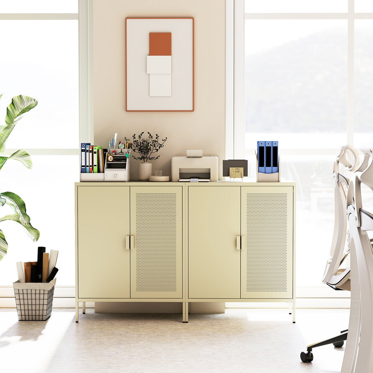Metal Buffet Sideboard with 2 Doors and Adjustable Shelves-Yellow