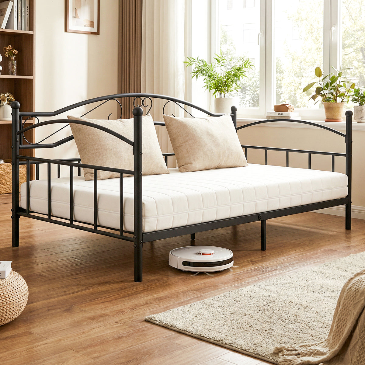 Metal Daybed Frame Sofa Bed with Classic Headboard Platform Bed Foundation-Black