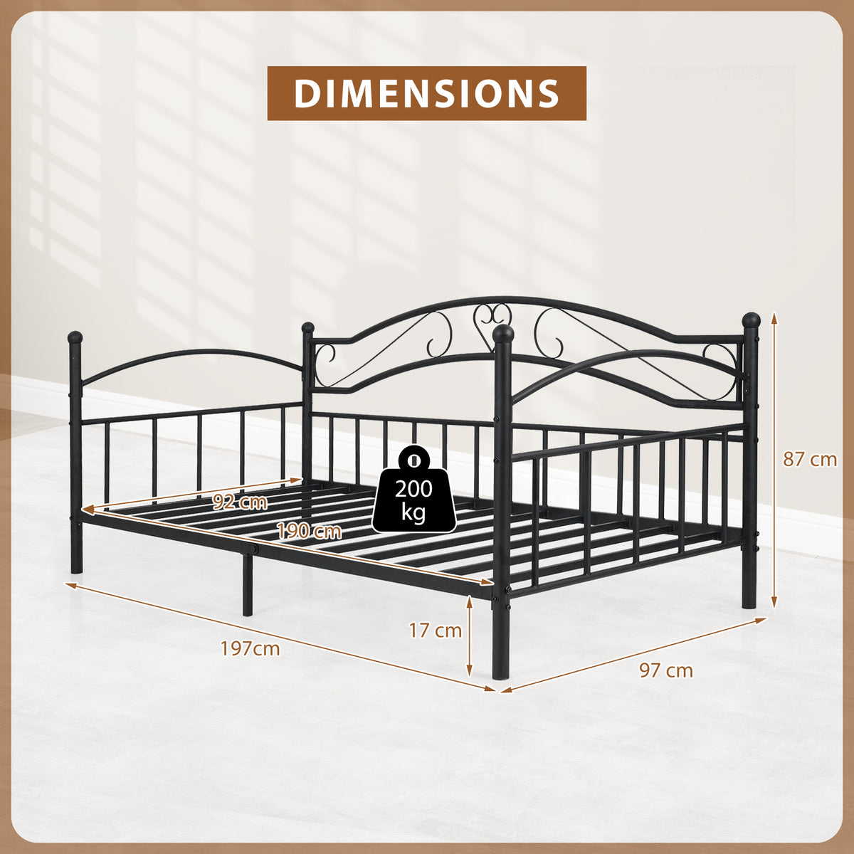 Metal Daybed Frame Sofa Bed with Classic Headboard Platform Bed Foundation-Black