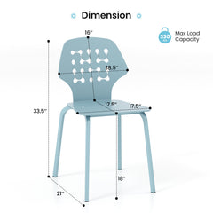 Dimension diagram of a blue metal dining chair showing height and width