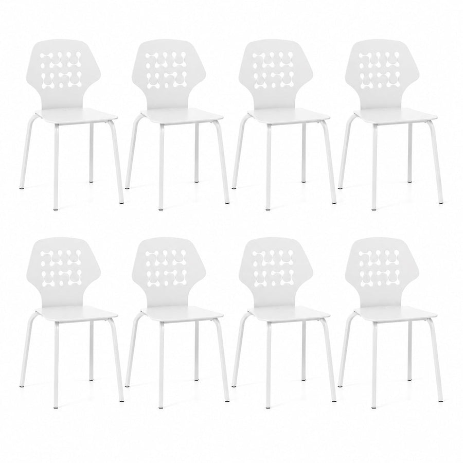 Metal Dining Chair Set of 8 with Hollowed Backrest and Metal Legs-White