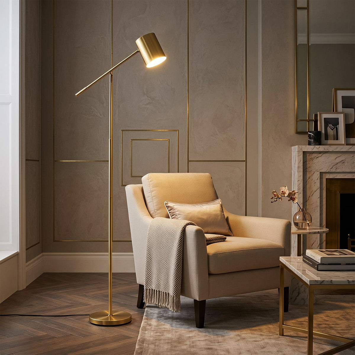 Metal Floor Lamp with Adjustable Height and Angle for Bedroom-Golden