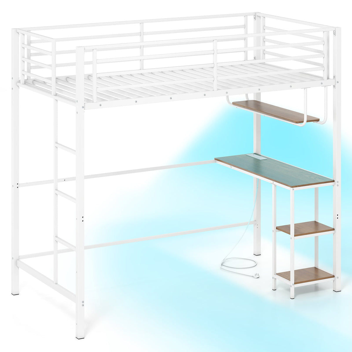 Metal Loft Bed Frame with Charging Station and Light Strip-Natural