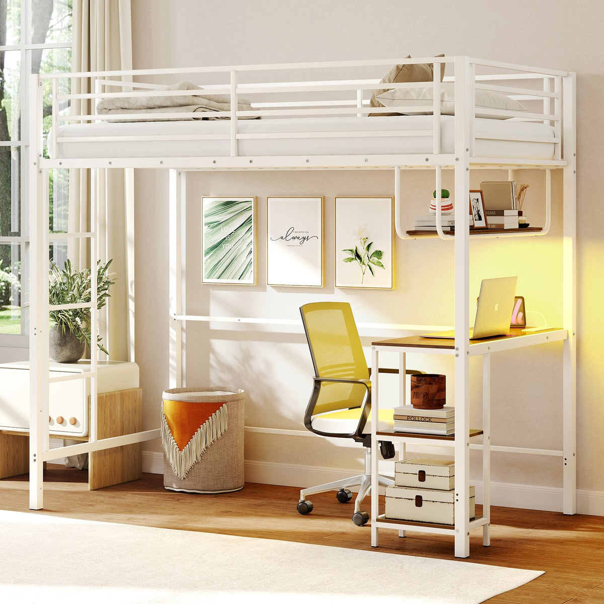 Metal Loft Bed Frame with Charging Station and Light Strip-Natural