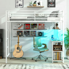 Metal Loft Bed Frame with Charging Station and Light Strip-Natural