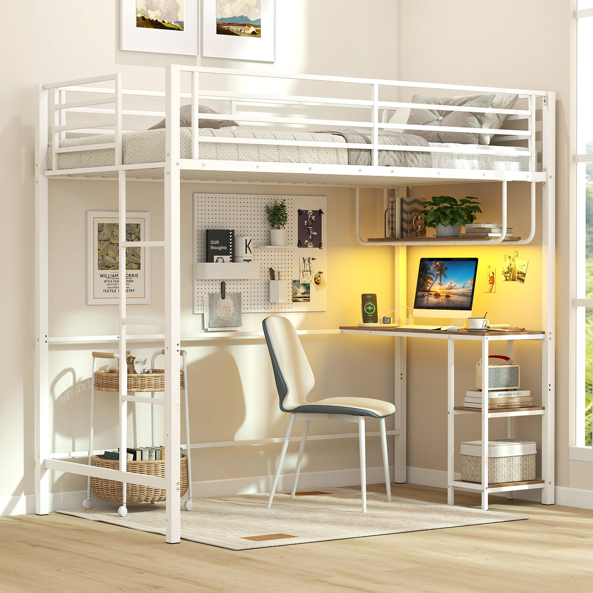 Metal Loft Bed Frame with Charging Station and Light Strip-Natural