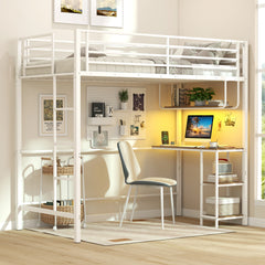 Metal Loft Bed Frame with Charging Station and Light Strip-Natural