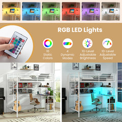 Metal Loft Bed Frame with Charging Station and Light Strip-Natural