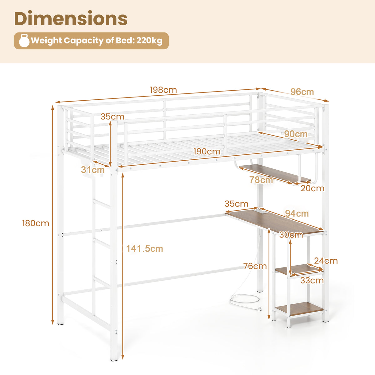 Metal Loft Bed Frame with Charging Station and Light Strip-Natural