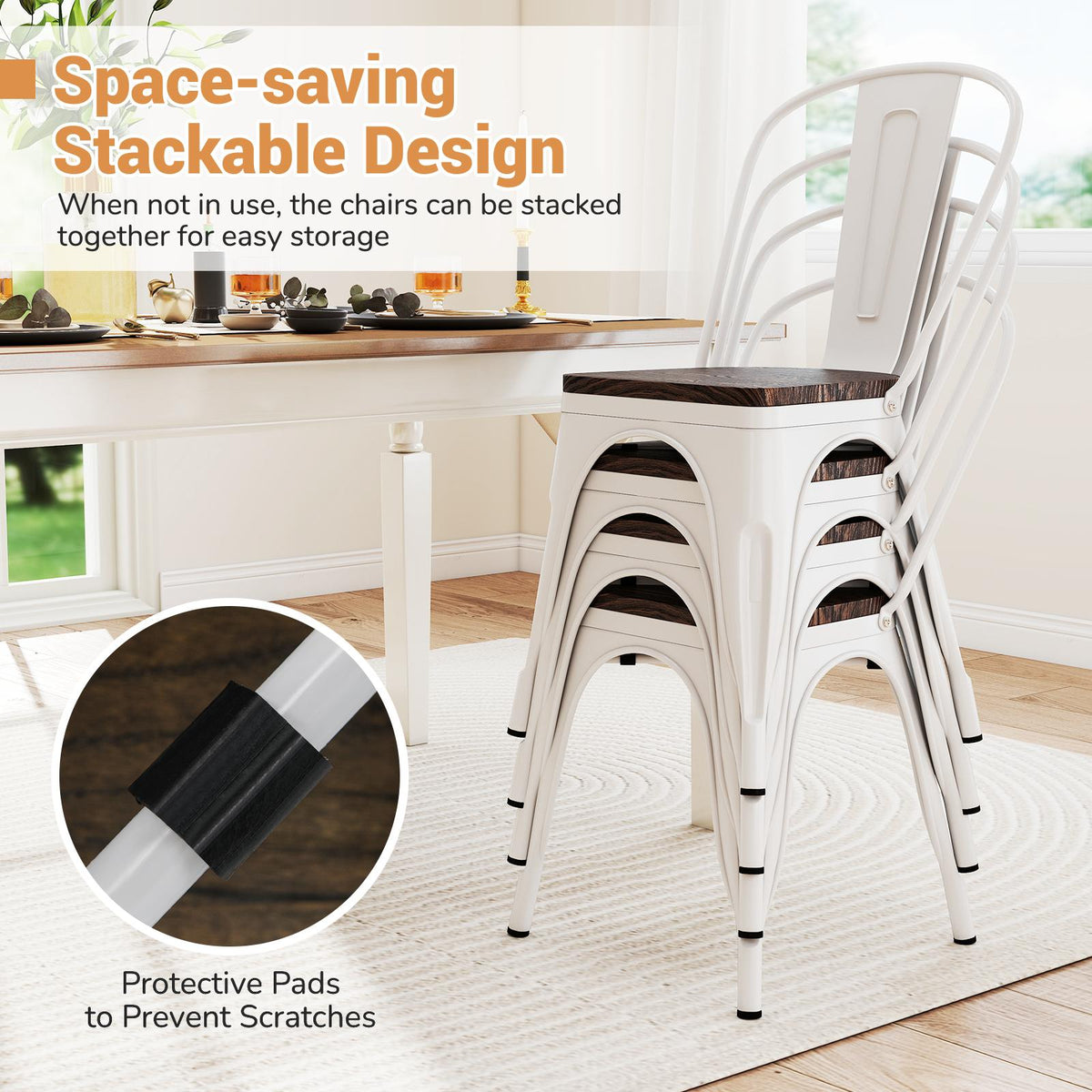Metal Dining Chairs Set of 4 Stackable Kitchen Side Chairs-White