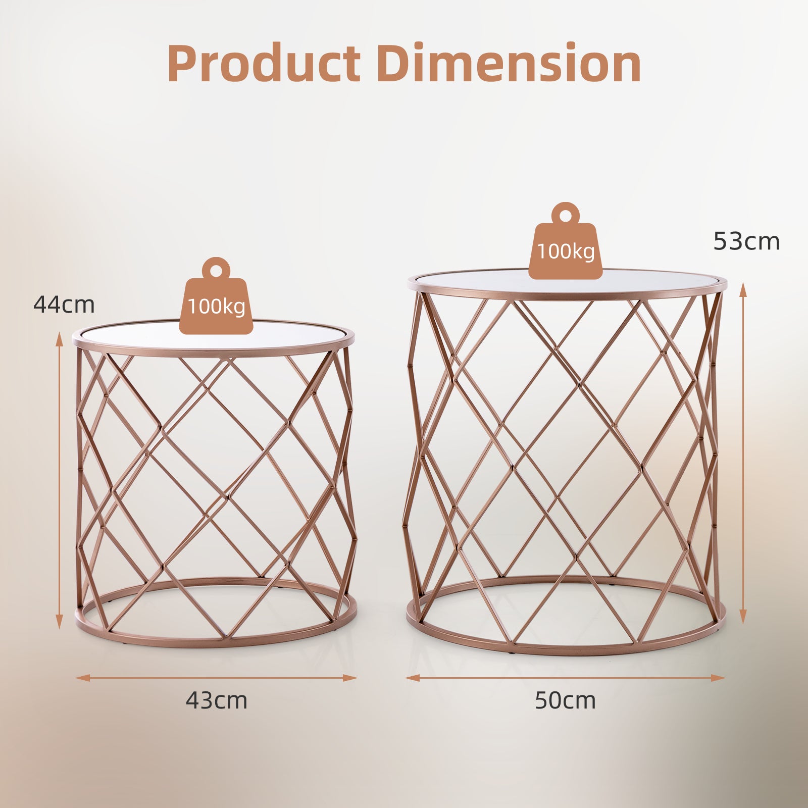 Stackable Metal Frame End Table Set of 2 with Mirrored Top-Rose Gold