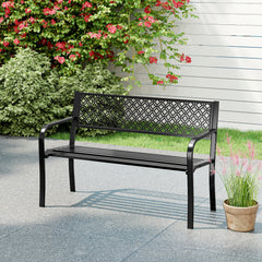 Metal Outdoor Garden Patio Bench with Geometric Lattice Backrest-Black