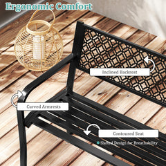Metal Outdoor Garden Patio Bench with Geometric Lattice Backrest-Black