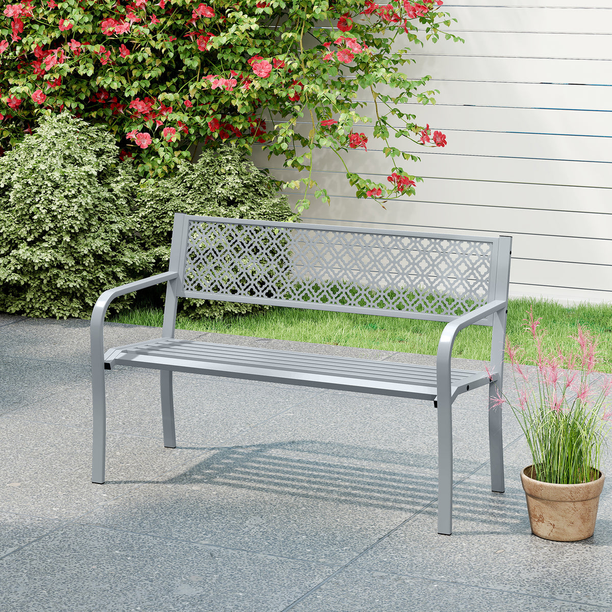 Metal Outdoor Garden Patio Bench with Geometric Lattice Backrest-Grey