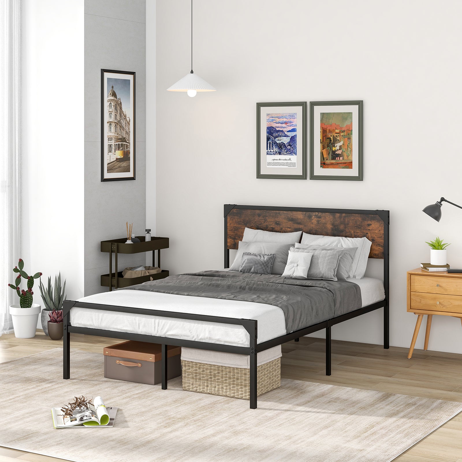 Metal Platform Bed with 9 Support Legs-Queen Size