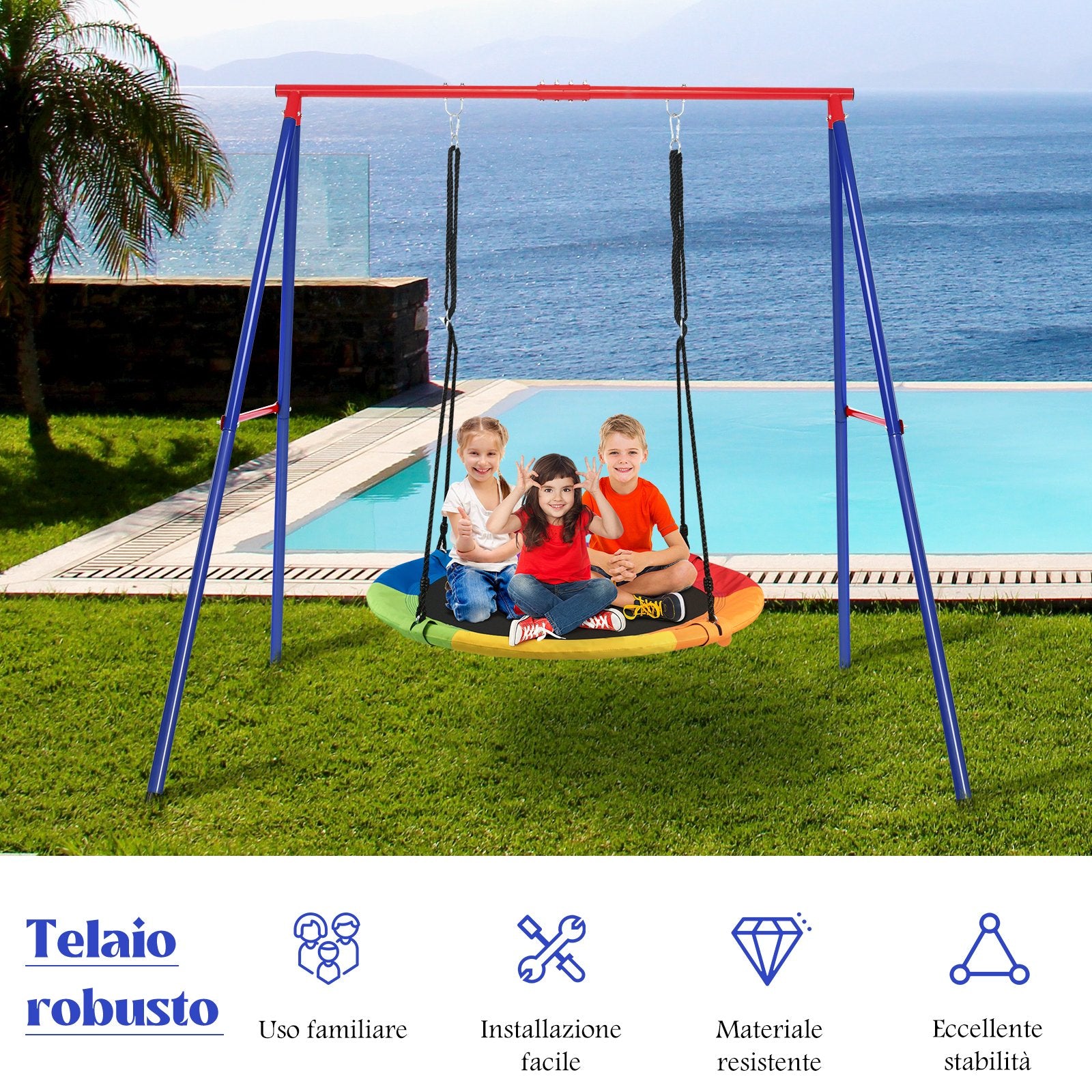 Metal Swing Frame with Ground Stakes and Carabiners-Blue &amp; Red