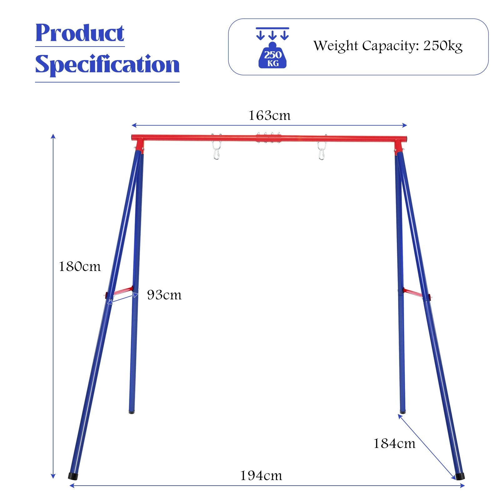 Metal Swing Frame with Ground Stakes and Carabiners-Blue &amp; Red