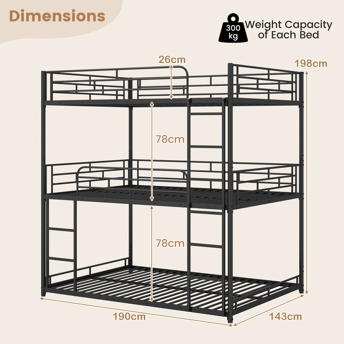 Metal Triple Bunk Bed with Safety Guardrails and 2 Ladders-Black