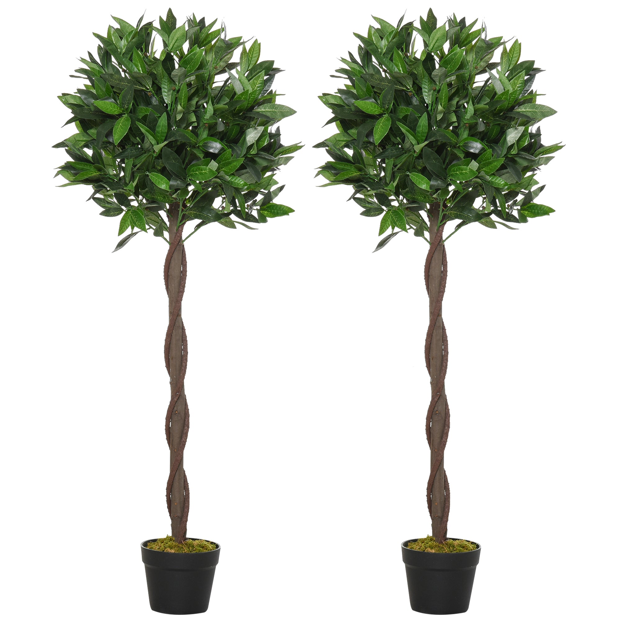 Outsunny Artificial Bay Laurel Topiary Trees w/ Pot Fake, Set Of 2 120cm/4FT Indoor Greenery Plant Home Office Garden Decor Green