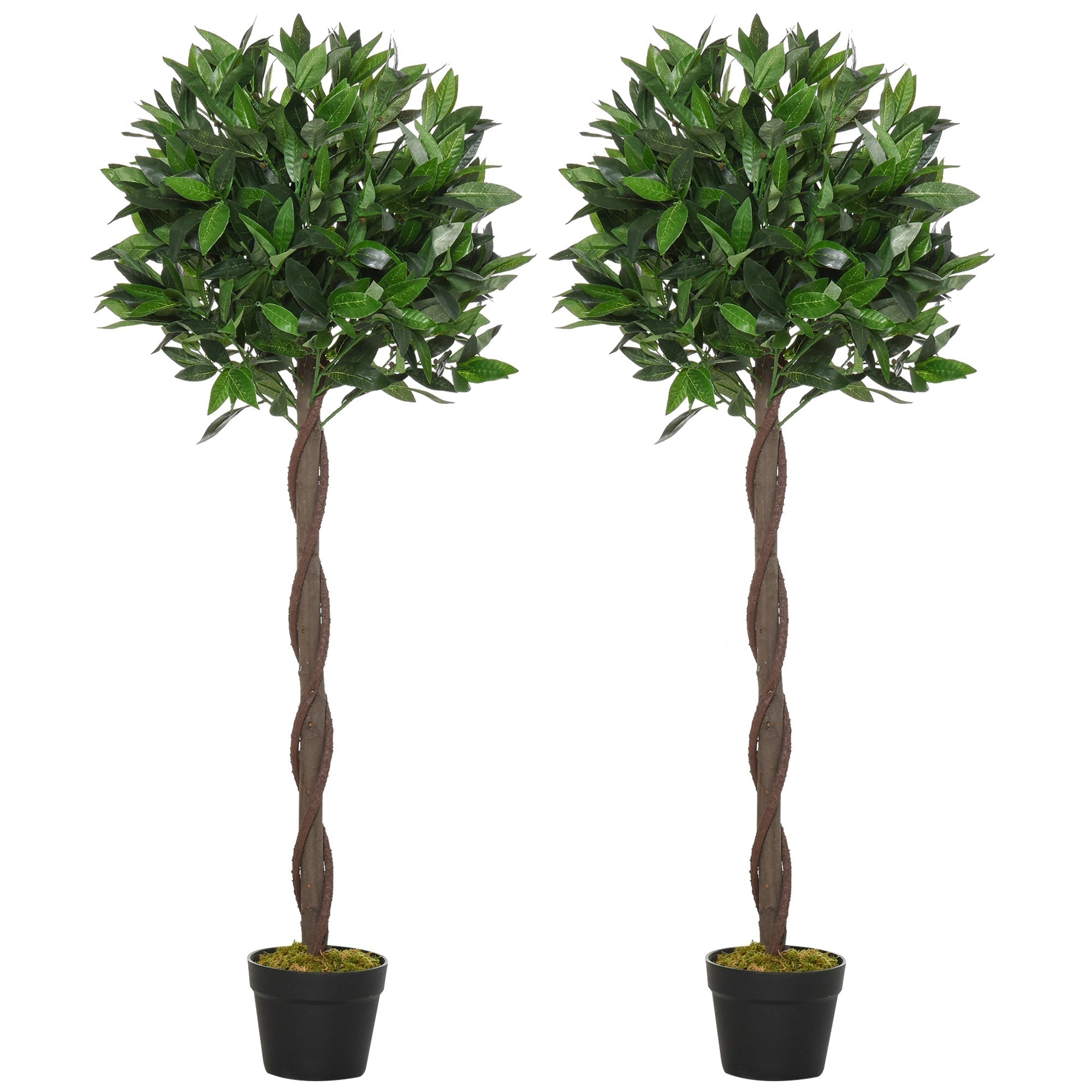 Outsunny Artificial Bay Laurel Topiary Trees w/ Pot Fake, Set Of 2 120cm/4FT Indoor Greenery Plant Home Office Garden Decor Green