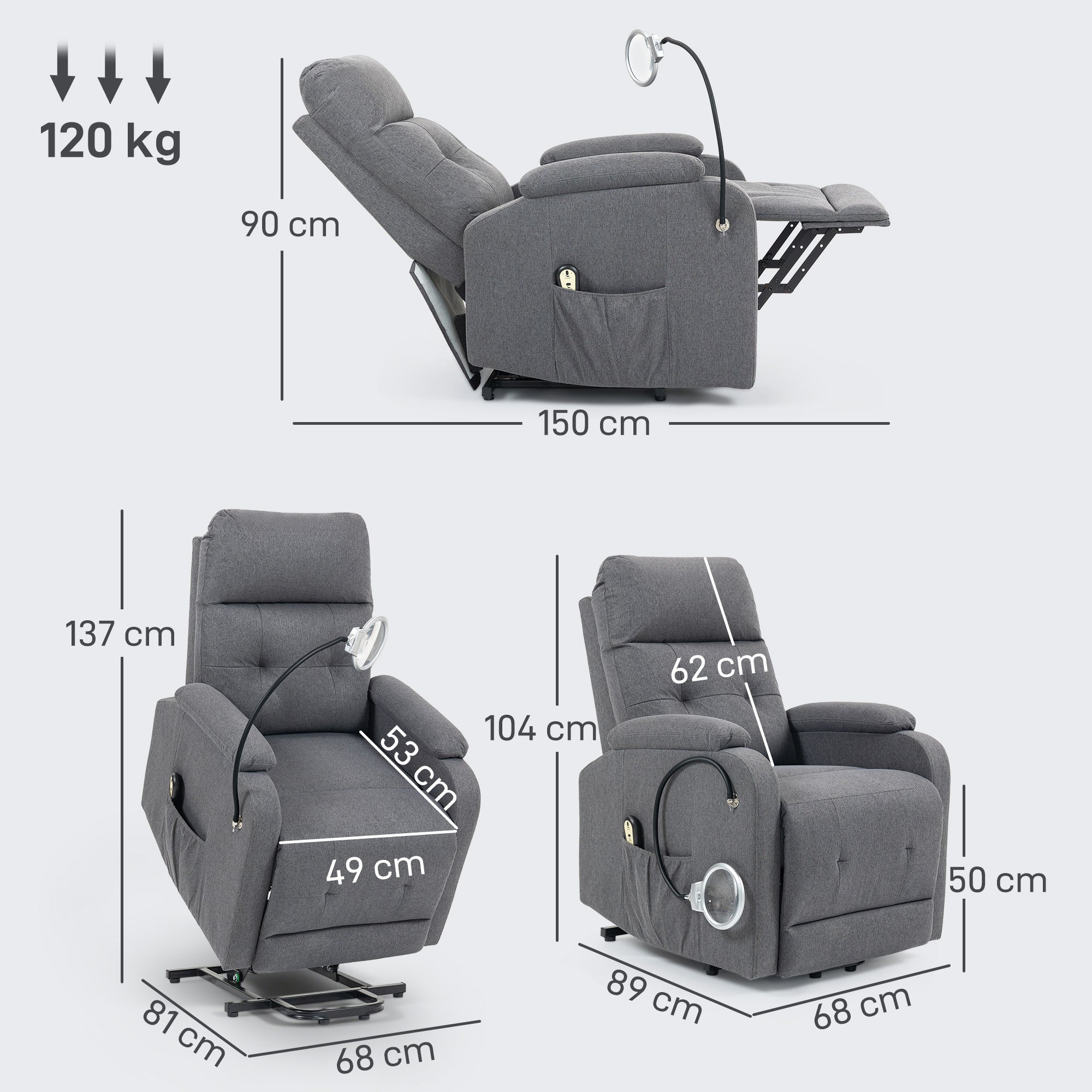 HOMCOM Electric Rise/Recline Armchair, with Reading Light - Grey