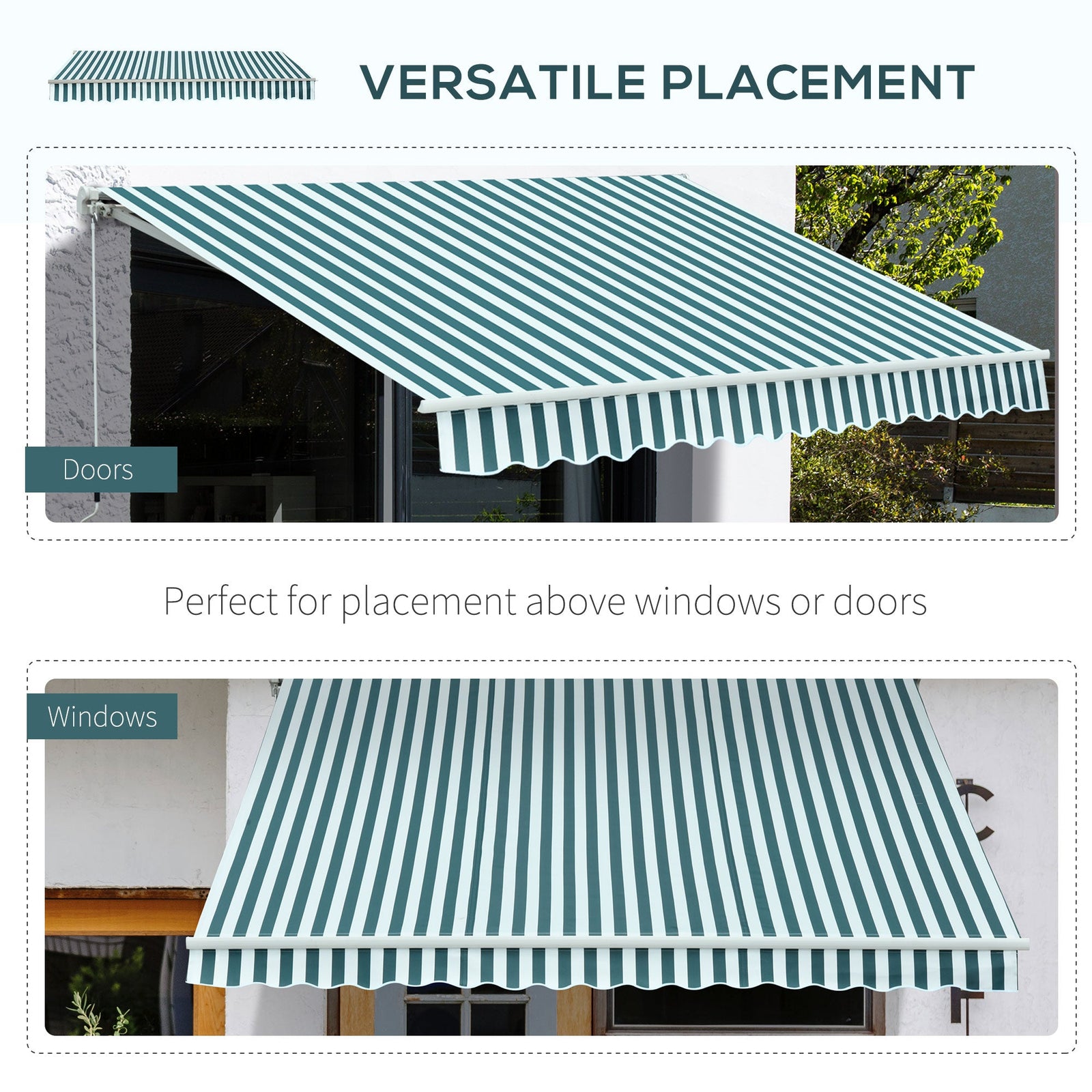 Outsunny 3 x 2.5m Patio Awning, Anti-UV and Waterproof Sun Shade Canopy with Chain Drive and Hand Crank, Green/White Stripes