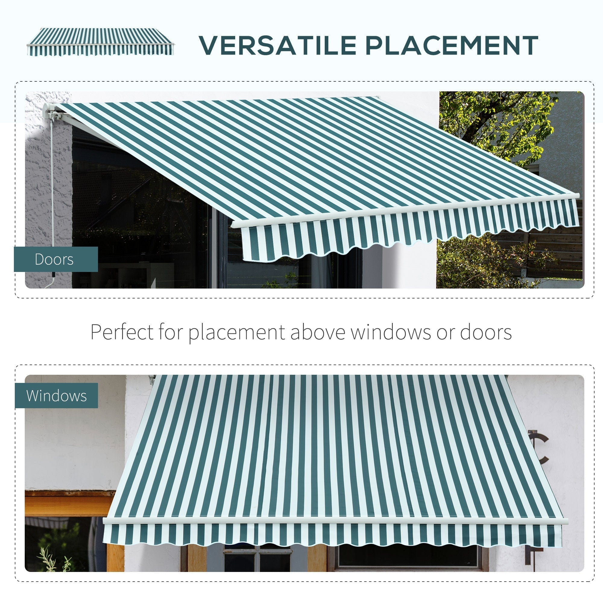 Outsunny 3 x 2.5m Patio Awning, Anti-UV and Waterproof Sun Shade Canopy with Chain Drive and Hand Crank, Green/White Stripes