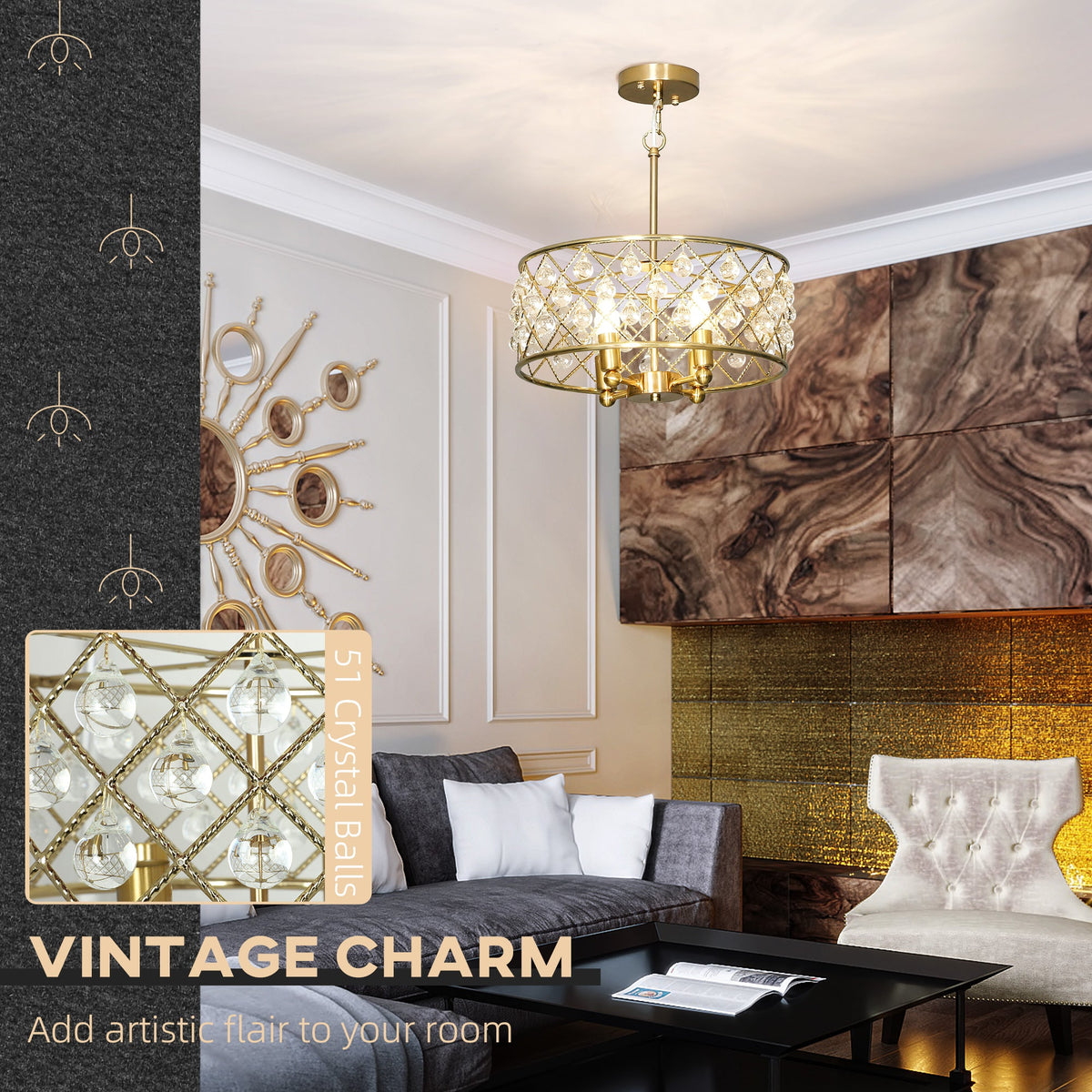 HOMCOM 51 Crystallite Four-Bulb Chandelier - Gold-Tone