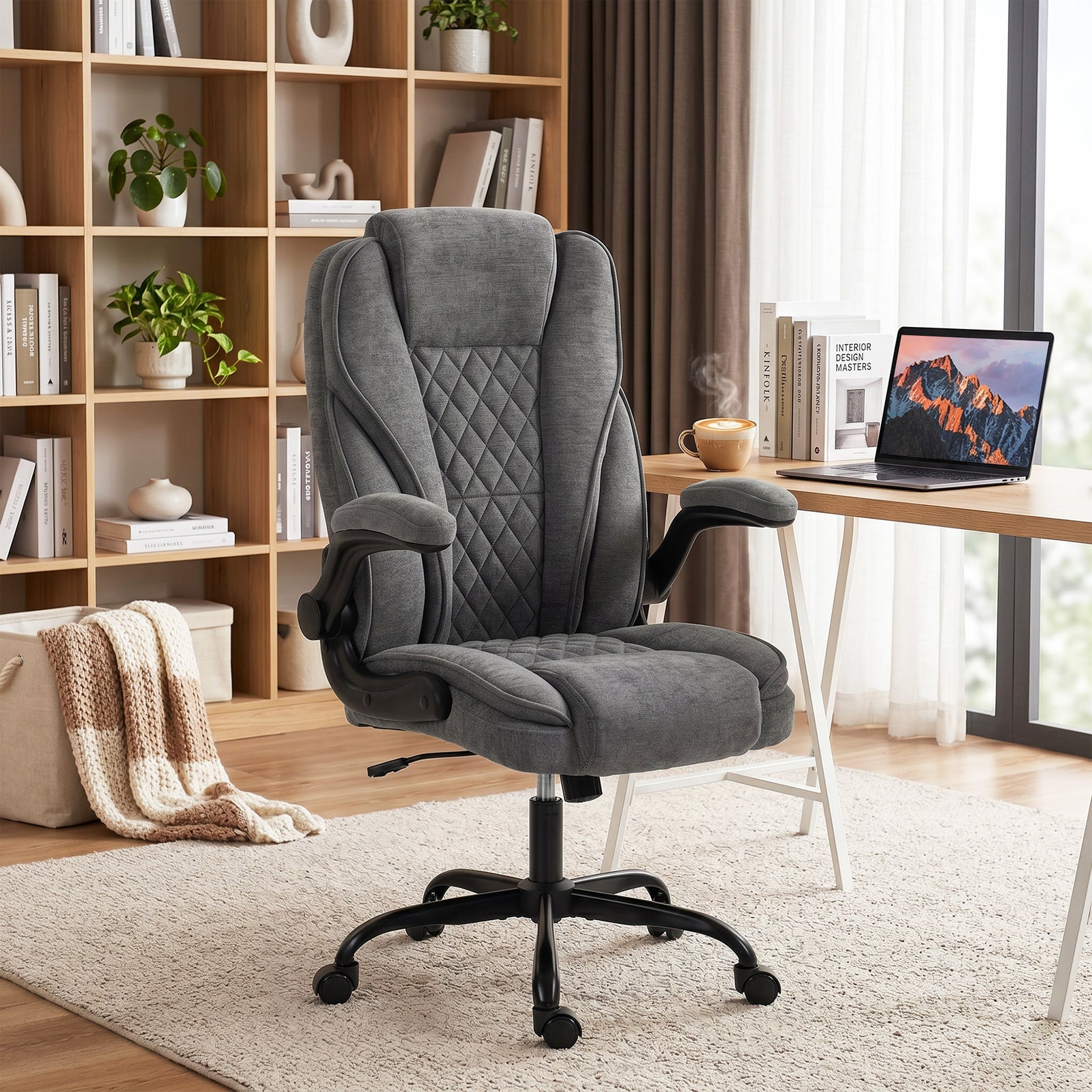 HOMCOM Office Chair, Ergonomic Desk Chair with Flip-up Armrest, Pocket Springs, Swivel Wheels, Adjustable Height, Grey